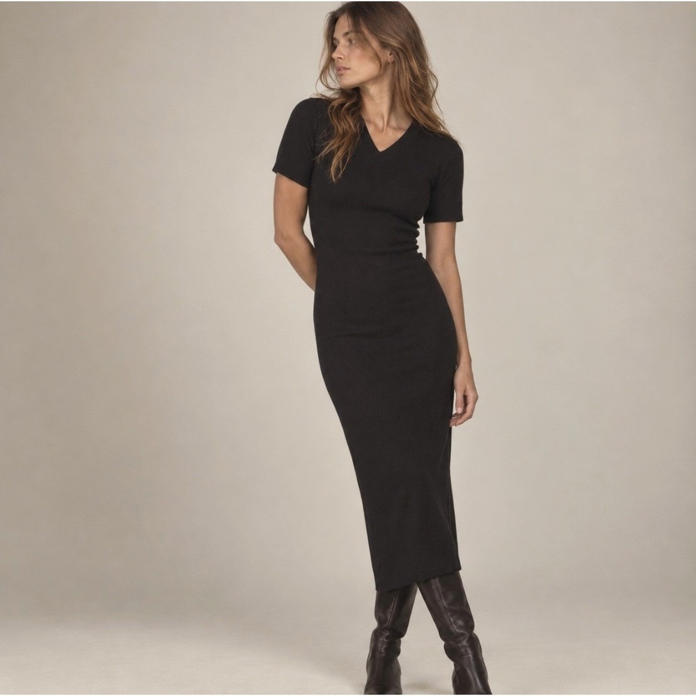 Vintage Merino Wool Maxi Dress Ribbed Large Black Bodycon Academia 90s Office